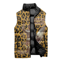 Shaka Zulu Sleeveless Puffer Jacket Leopard Print Design Traditional Warrior Spear and Shield Illustration Tribal King - Wonder Print Shop