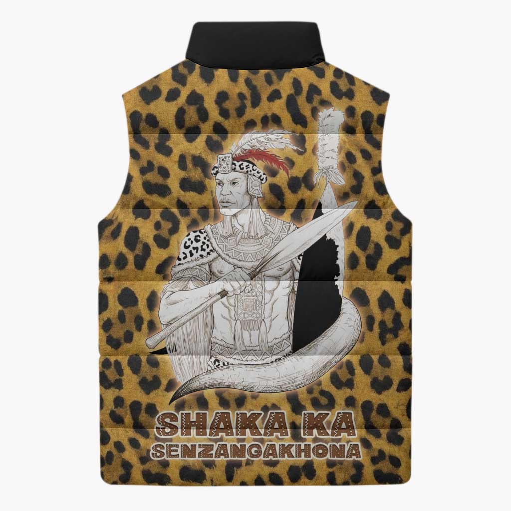 Shaka Zulu Sleeveless Puffer Jacket Leopard Print Design Traditional Warrior Spear and Shield Illustration Tribal King - Wonder Print Shop