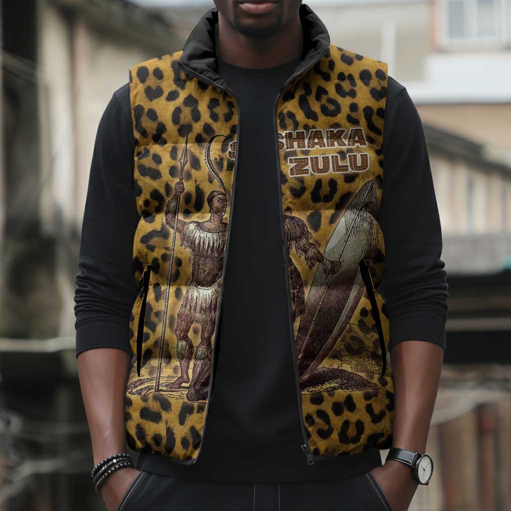 Shaka Zulu Sleeveless Puffer Jacket Leopard Print Design Traditional Warrior Spear and Shield Illustration Tribal King - Wonder Print Shop