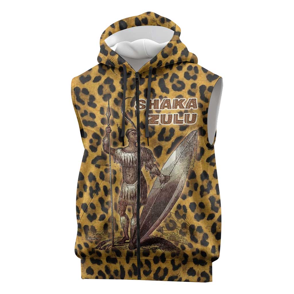 Shaka Zulu Sleeveless Zip Hoodie Leopard Print Design Traditional Warrior Spear and Shield Illustration Tribal King - Wonder Print Shop