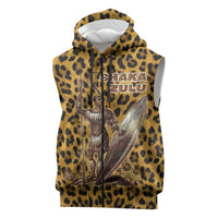Shaka Zulu Sleeveless Zip Hoodie Leopard Print Design Traditional Warrior Spear and Shield Illustration Tribal King - Wonder Print Shop