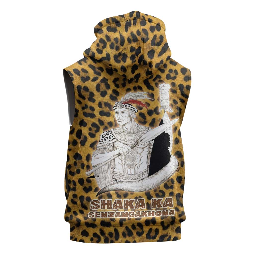 Shaka Zulu Sleeveless Zip Hoodie Leopard Print Design Traditional Warrior Spear and Shield Illustration Tribal King - Wonder Print Shop