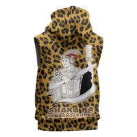 Shaka Zulu Sleeveless Zip Hoodie Leopard Print Design Traditional Warrior Spear and Shield Illustration Tribal King - Wonder Print Shop