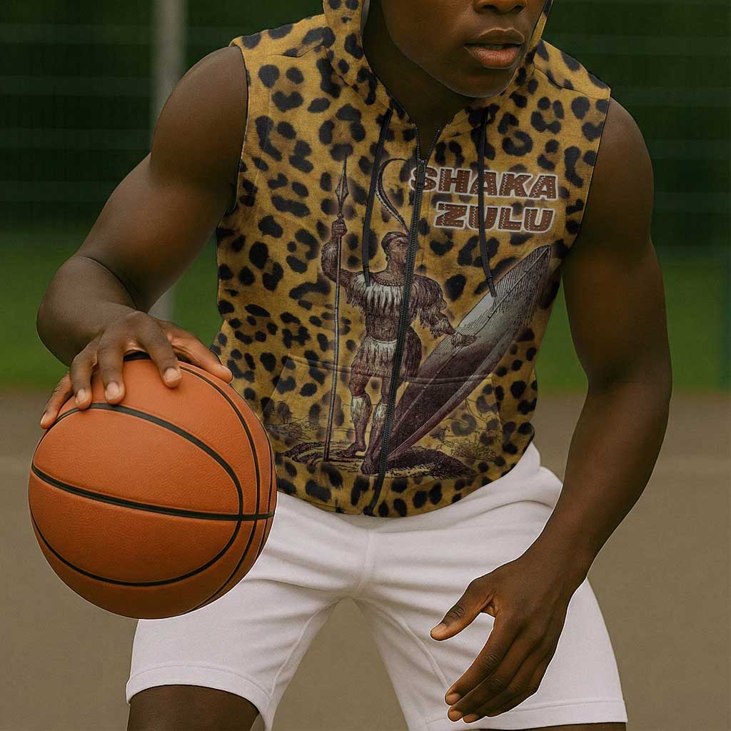 Shaka Zulu Sleeveless Zip Hoodie Leopard Print Design Traditional Warrior Spear and Shield Illustration Tribal King - Wonder Print Shop