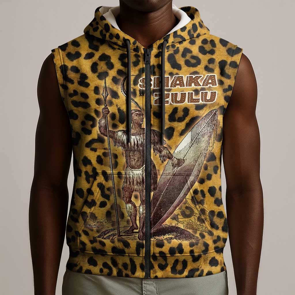 Shaka Zulu Sleeveless Zip Hoodie Leopard Print Design Traditional Warrior Spear and Shield Illustration Tribal King - Wonder Print Shop