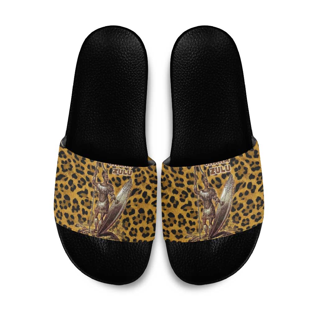 Shaka Zulu Slide Sandals Leopard Print Design Traditional Warrior Spear and Shield Illustration Tribal King - Wonder Print Shop