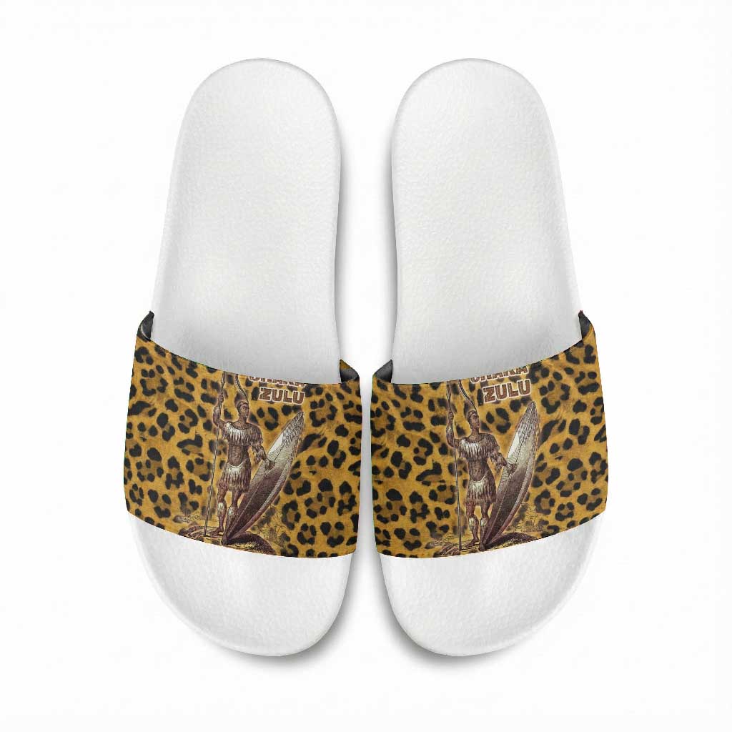Shaka Zulu Slide Sandals Leopard Print Design Traditional Warrior Spear and Shield Illustration Tribal King - Wonder Print Shop