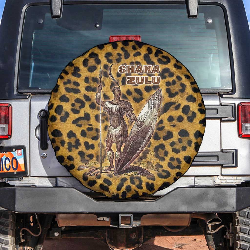Shaka Zulu Spare Tire Cover Leopard Print Design Traditional Warrior Spear and Shield Illustration Tribal King - Wonder Print Shop