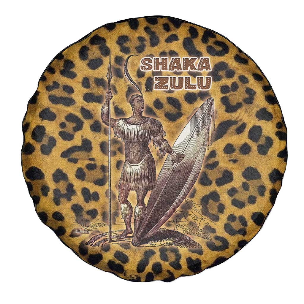 Shaka Zulu Spare Tire Cover Leopard Print Design Traditional Warrior Spear and Shield Illustration Tribal King - Wonder Print Shop