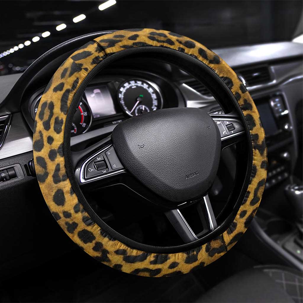 Shaka Zulu Steering Wheel Cover Leopard Print Design Traditional Warrior Spear and Shield Illustration Tribal King - Wonder Print Shop