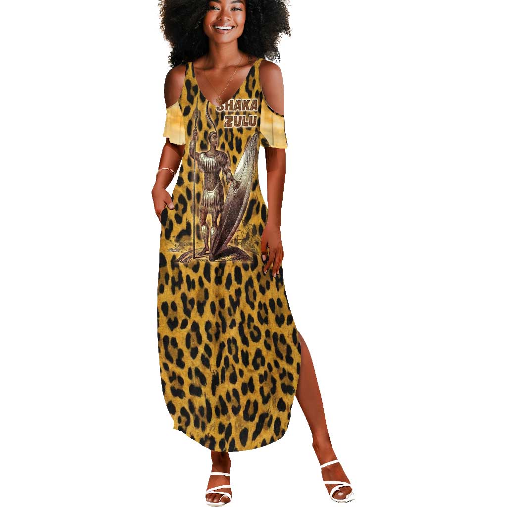 Shaka Zulu Summer Maxi Dress Leopard Print Design Traditional Warrior Spear and Shield Illustration Tribal King - Wonder Print Shop