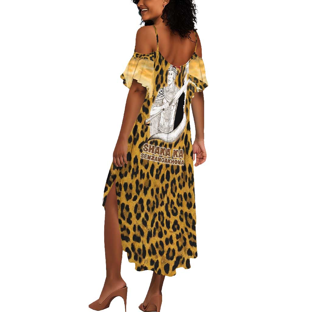Shaka Zulu Summer Maxi Dress Leopard Print Design Traditional Warrior Spear and Shield Illustration Tribal King - Wonder Print Shop