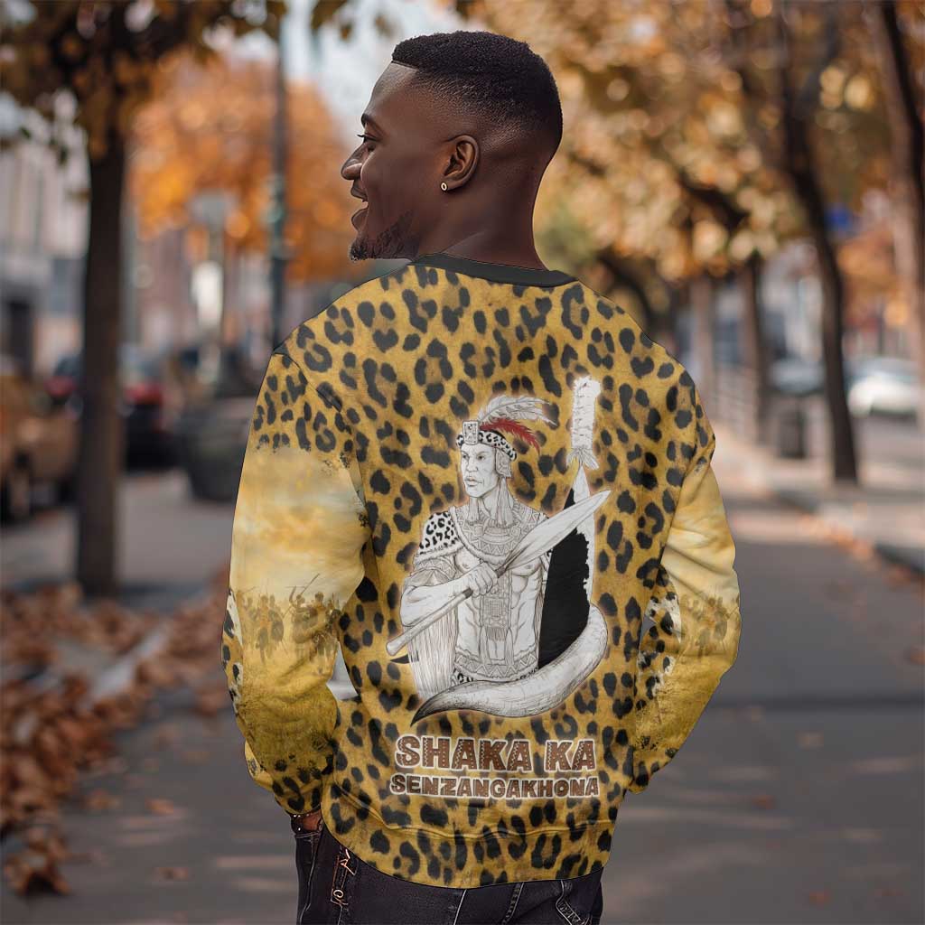 Shaka Zulu Sweatshirt Leopard Print Design Traditional Warrior Spear and Shield Illustration Tribal King - Wonder Print Shop