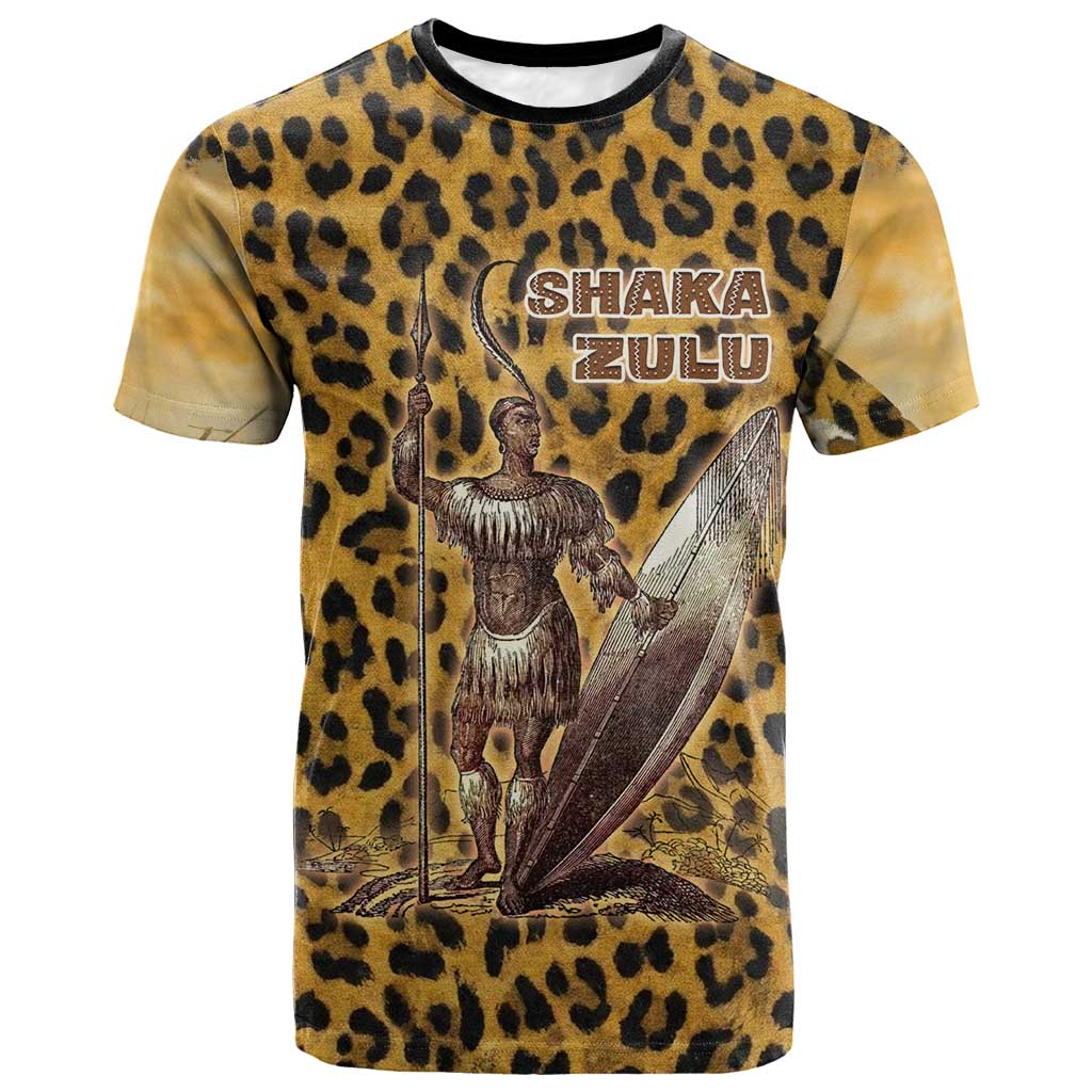 Shaka Zulu T shirt Leopard Print Design Traditional Warrior Spear and Shield Illustration Tribal King - Wonder Print Shop