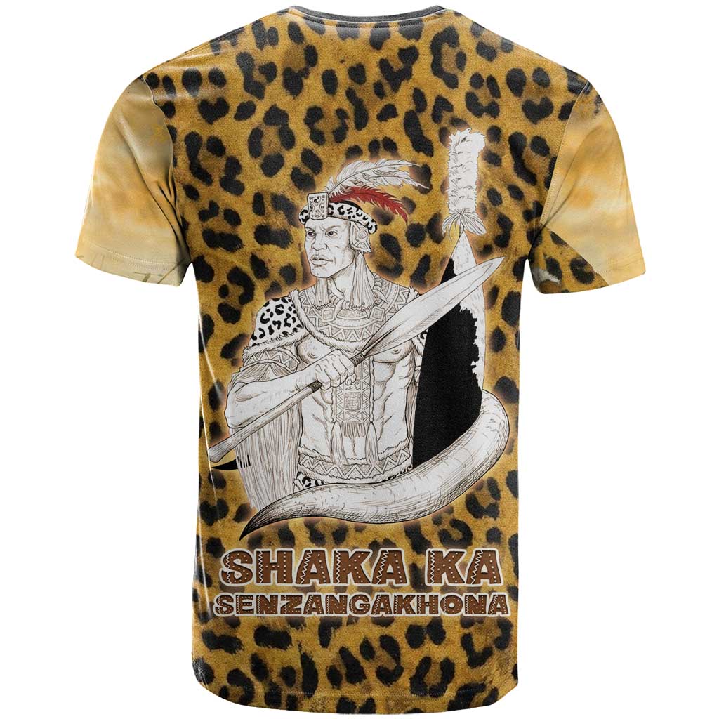 Shaka Zulu T shirt Leopard Print Design Traditional Warrior Spear and Shield Illustration Tribal King - Wonder Print Shop