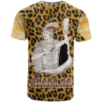 Shaka Zulu T shirt Leopard Print Design Traditional Warrior Spear and Shield Illustration Tribal King - Wonder Print Shop