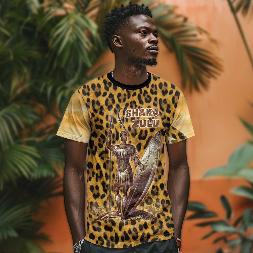 Shaka Zulu T shirt Leopard Print Design Traditional Warrior Spear and Shield Illustration Tribal King - Wonder Print Shop
