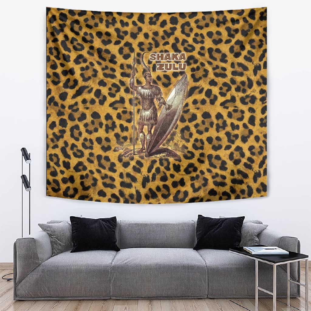 Shaka Zulu Tapestry Leopard Print Design Traditional Warrior Spear and Shield Illustration Tribal King - Wonder Print Shop