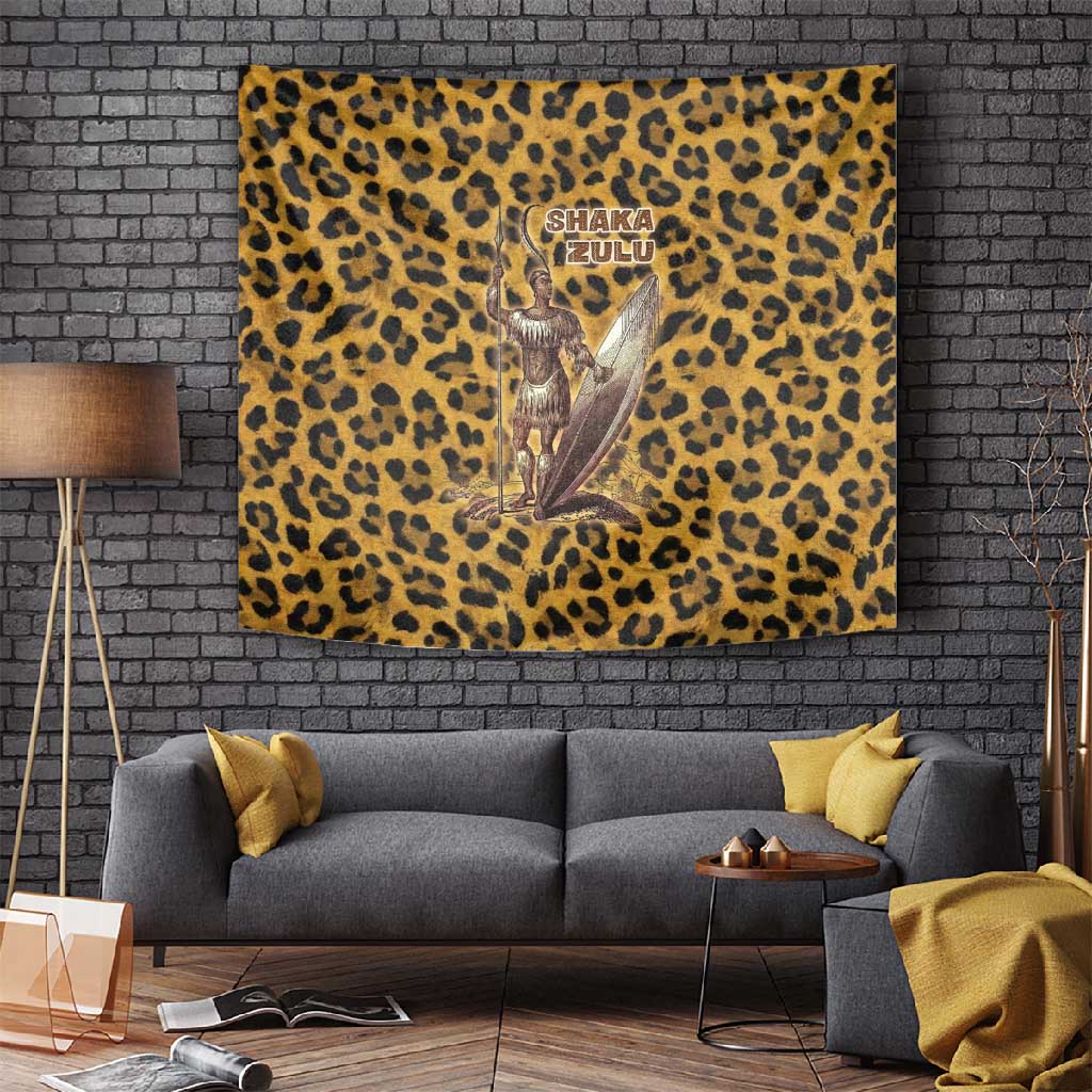 Shaka Zulu Tapestry Leopard Print Design Traditional Warrior Spear and Shield Illustration Tribal King - Wonder Print Shop