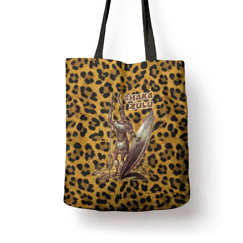 Shaka Zulu Tote Bag Leopard Print Design Traditional Warrior Spear and Shield Illustration Tribal King - Wonder Print Shop