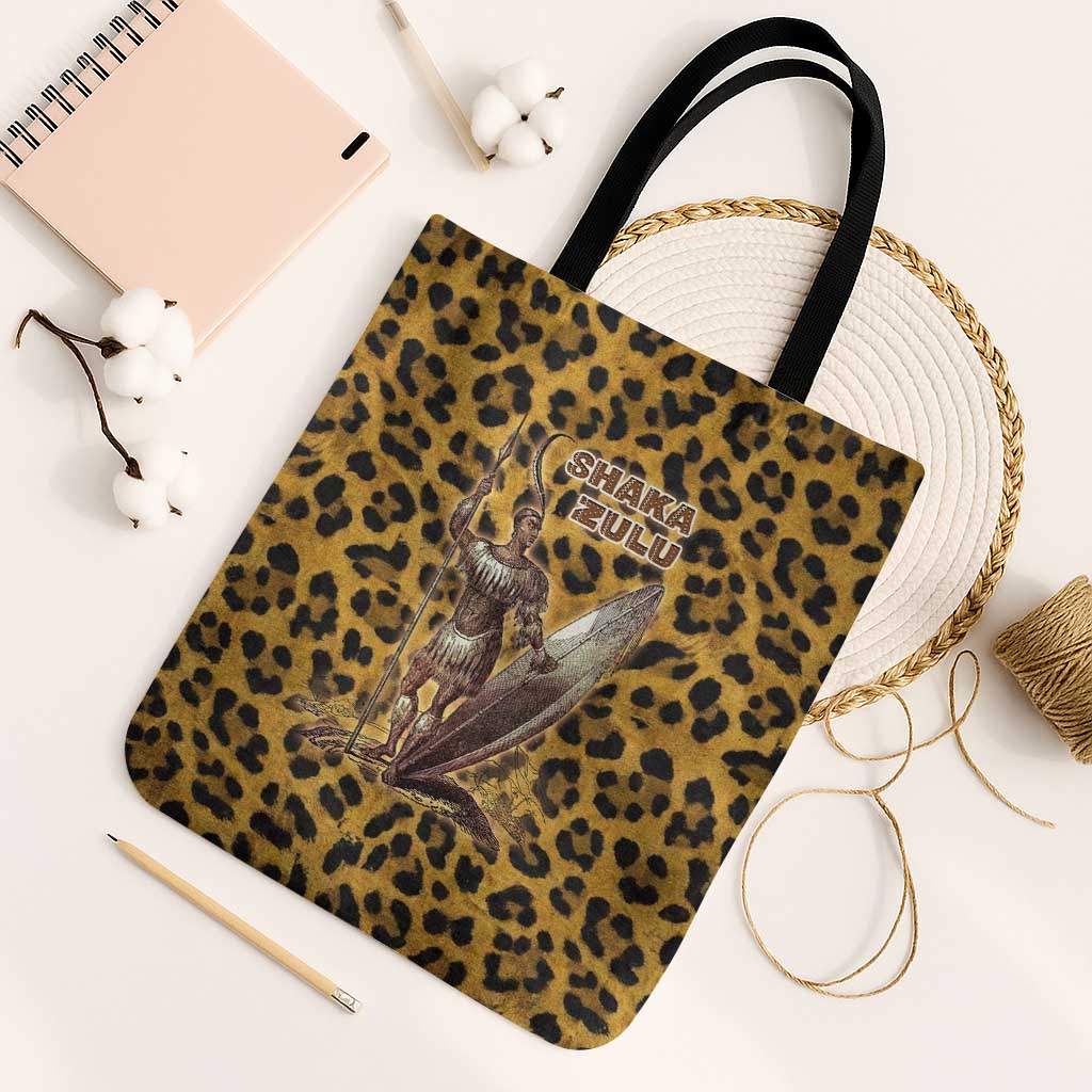 Shaka Zulu Tote Bag Leopard Print Design Traditional Warrior Spear and Shield Illustration Tribal King - Wonder Print Shop