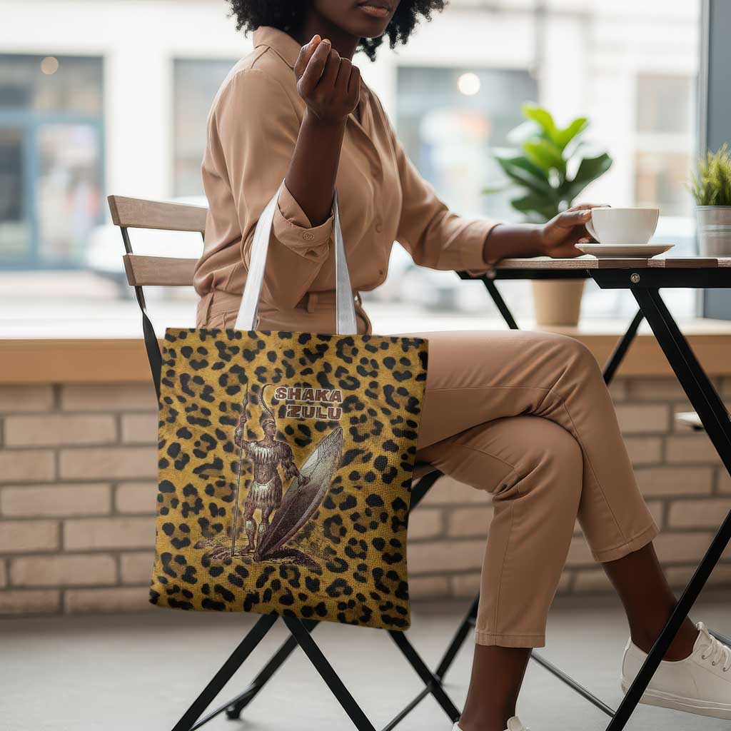 Shaka Zulu Tote Bag Leopard Print Design Traditional Warrior Spear and Shield Illustration Tribal King - Wonder Print Shop