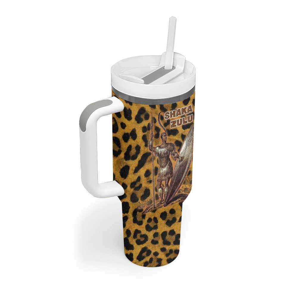 Shaka Zulu Tumbler With Handle Leopard Print Design Traditional Warrior Spear and Shield Illustration Tribal King - Wonder Print Shop