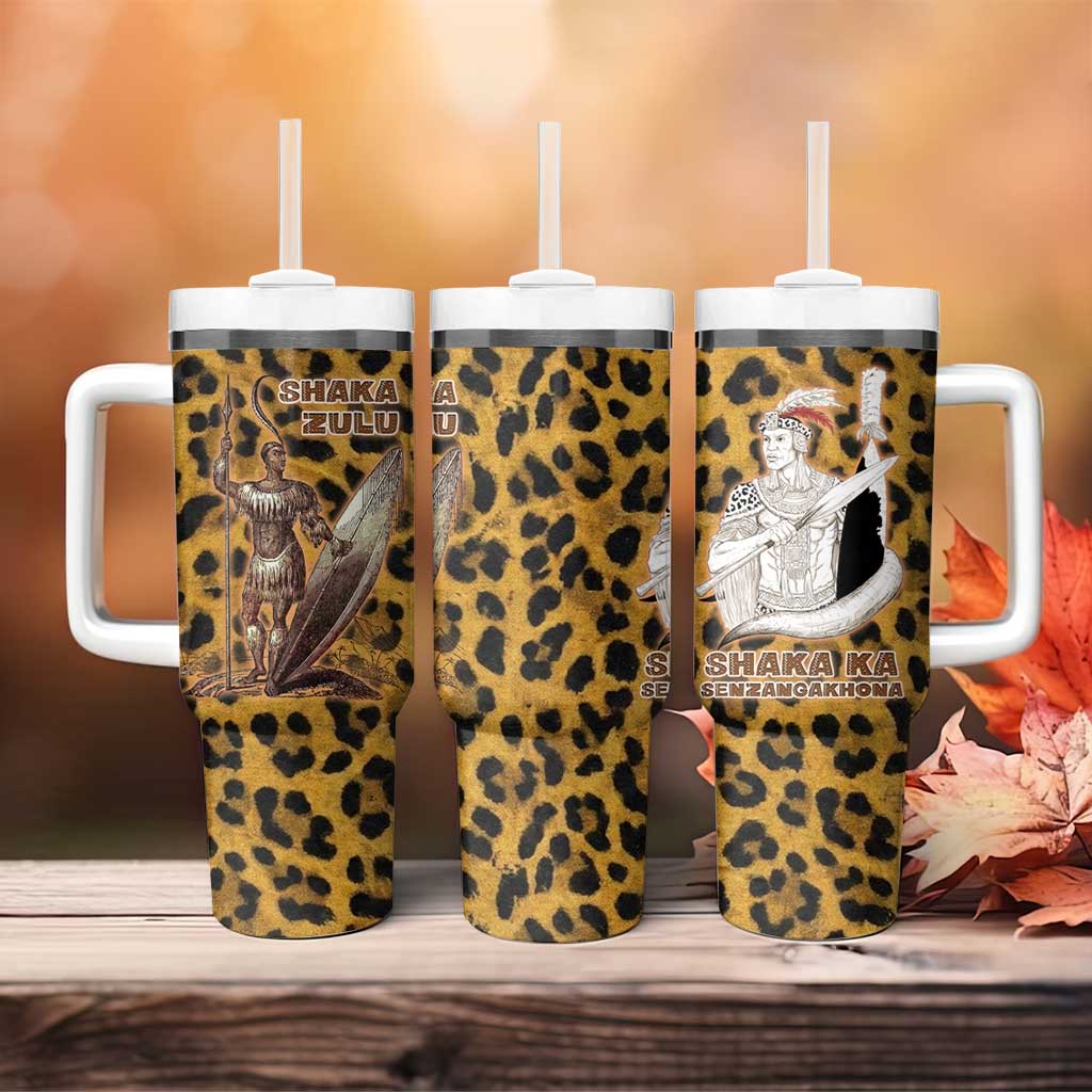 Shaka Zulu Tumbler With Handle Leopard Print Design Traditional Warrior Spear and Shield Illustration Tribal King - Wonder Print Shop