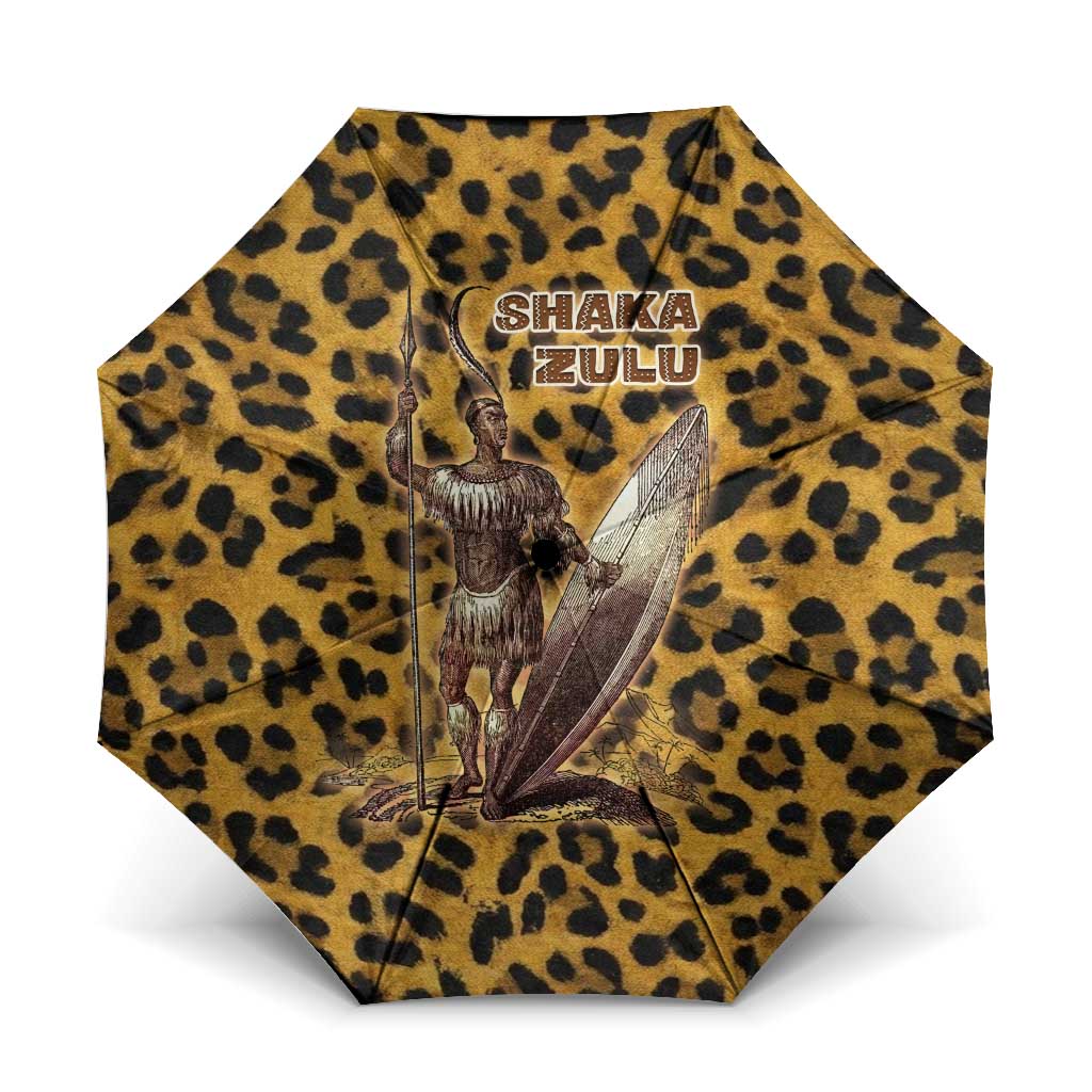 Shaka Zulu Umbrella Leopard Print Design Traditional Warrior Spear and Shield Illustration Tribal King - Wonder Print Shop