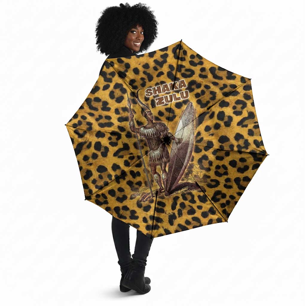 Shaka Zulu Umbrella Leopard Print Design Traditional Warrior Spear and Shield Illustration Tribal King - Wonder Print Shop