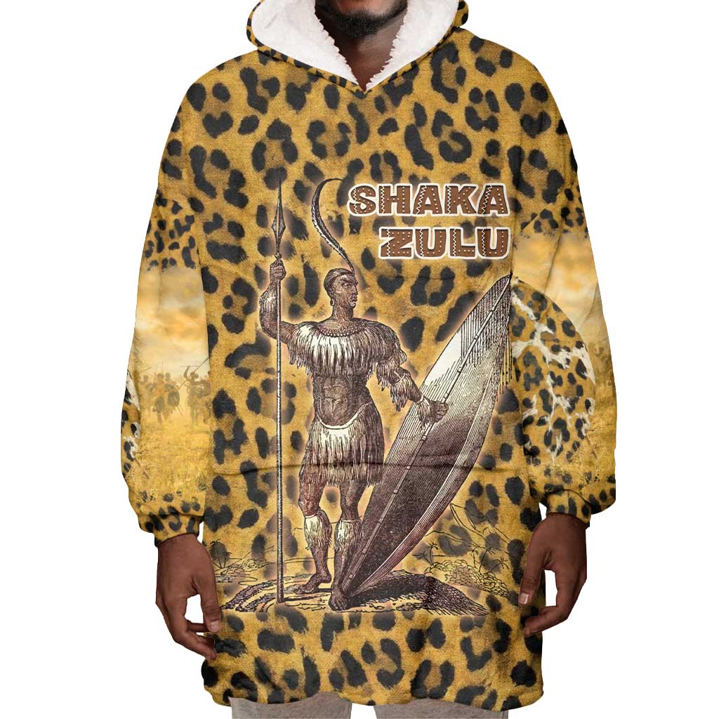 Shaka Zulu Wearable Blanket Hoodie Leopard Print Design Traditional Warrior Spear and Shield Illustration Tribal King - Wonder Print Shop