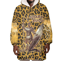 Shaka Zulu Wearable Blanket Hoodie Leopard Print Design Traditional Warrior Spear and Shield Illustration Tribal King - Wonder Print Shop