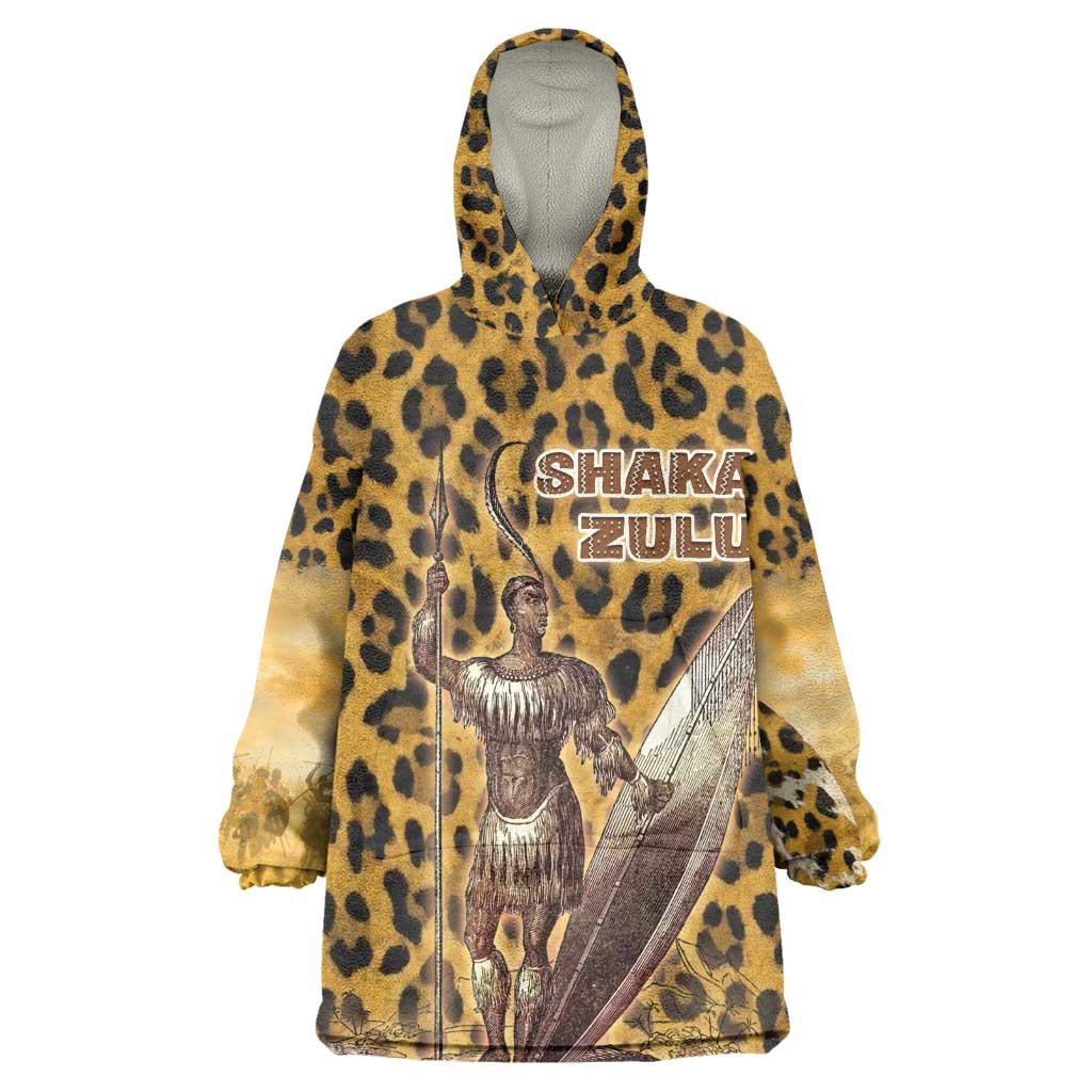 Shaka Zulu Wearable Blanket Hoodie Leopard Print Design Traditional Warrior Spear and Shield Illustration Tribal King - Wonder Print Shop