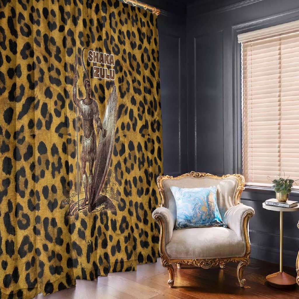 Shaka Zulu Window Curtain Leopard Print Design Traditional Warrior Spear and Shield Illustration Tribal King - Wonder Print Shop