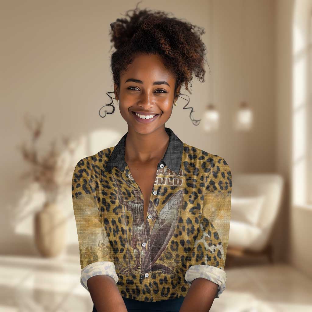 Shaka Zulu Women Casual Shirt Leopard Print Design Traditional Warrior Spear and Shield Illustration Tribal King - Wonder Print Shop