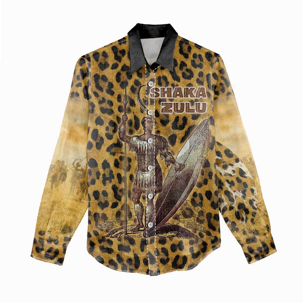 Shaka Zulu Women Casual Shirt Leopard Print Design Traditional Warrior Spear and Shield Illustration Tribal King - Wonder Print Shop