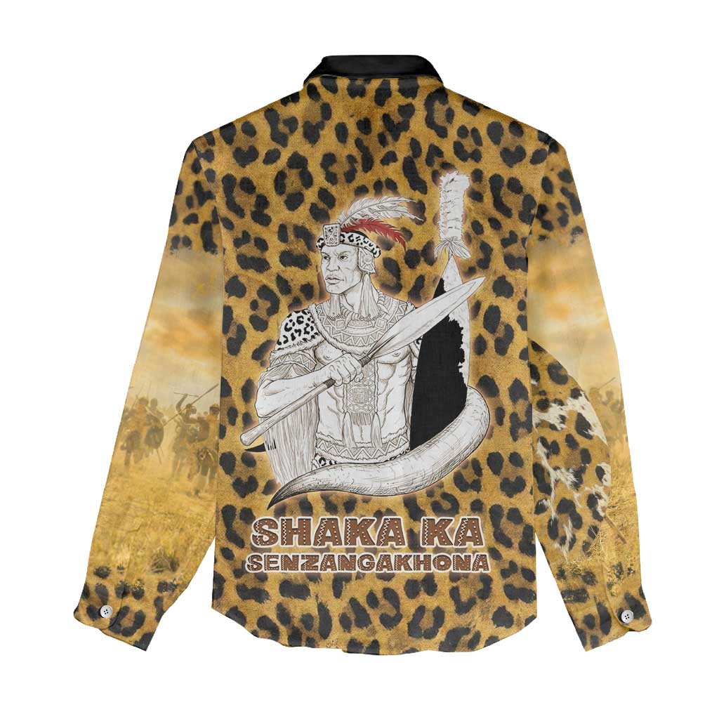 Shaka Zulu Women Casual Shirt Leopard Print Design Traditional Warrior Spear and Shield Illustration Tribal King - Wonder Print Shop