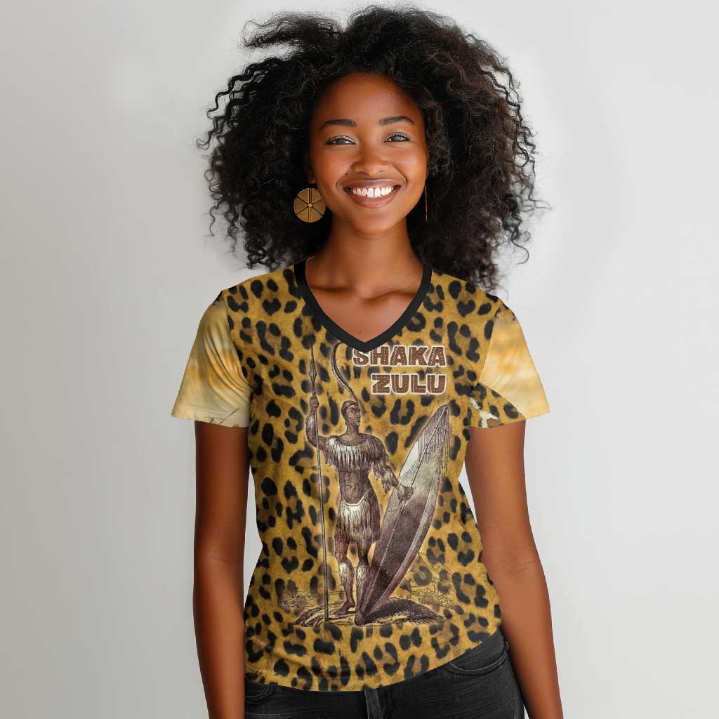 Shaka Zulu Women V-Neck T-Shirt Leopard Print Design Traditional Warrior Spear and Shield Illustration Tribal King - Wonder Print Shop
