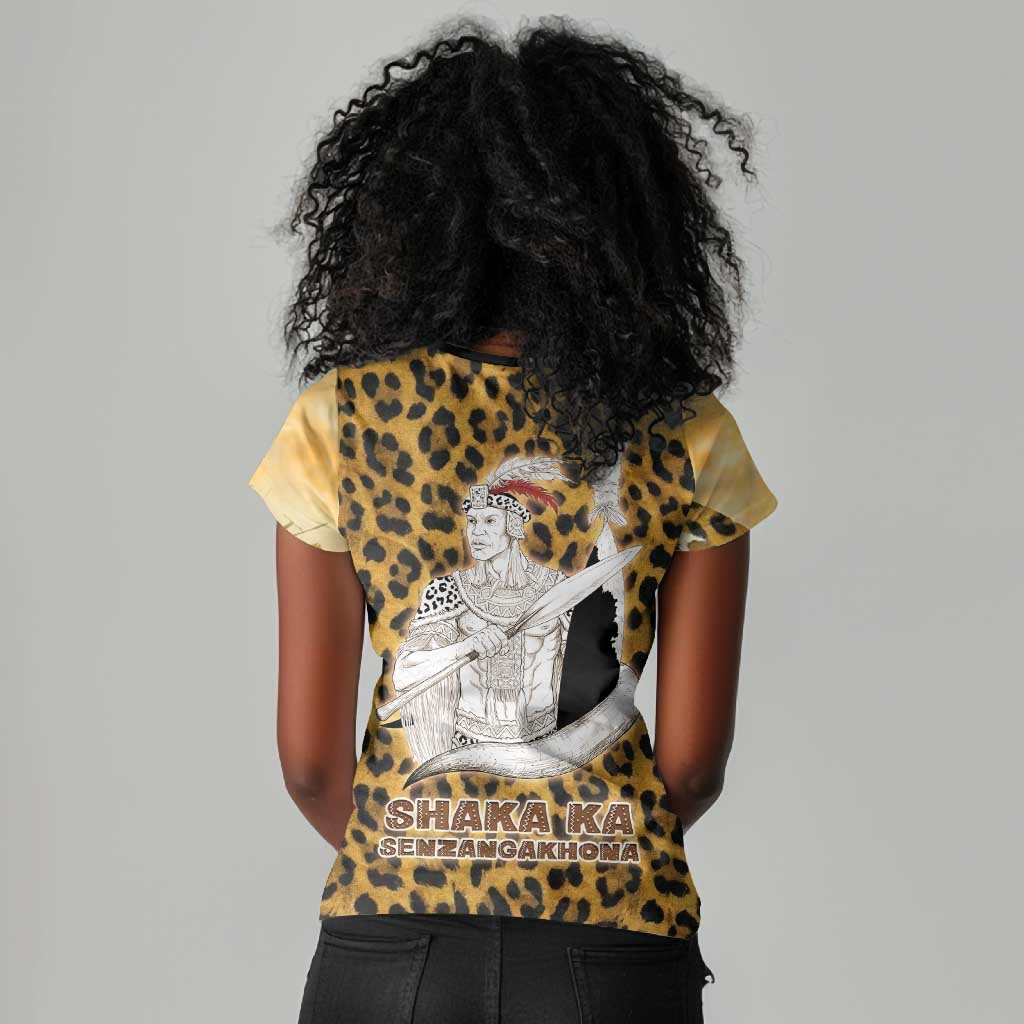 Shaka Zulu Women V-Neck T-Shirt Leopard Print Design Traditional Warrior Spear and Shield Illustration Tribal King - Wonder Print Shop