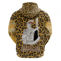 Shaka Zulu Zip Hoodie Leopard Print Design Traditional Warrior Spear and Shield Illustration Tribal King - Wonder Print Shop