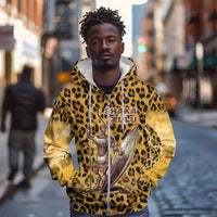 Shaka Zulu Zip Hoodie Leopard Print Design Traditional Warrior Spear and Shield Illustration Tribal King - Wonder Print Shop