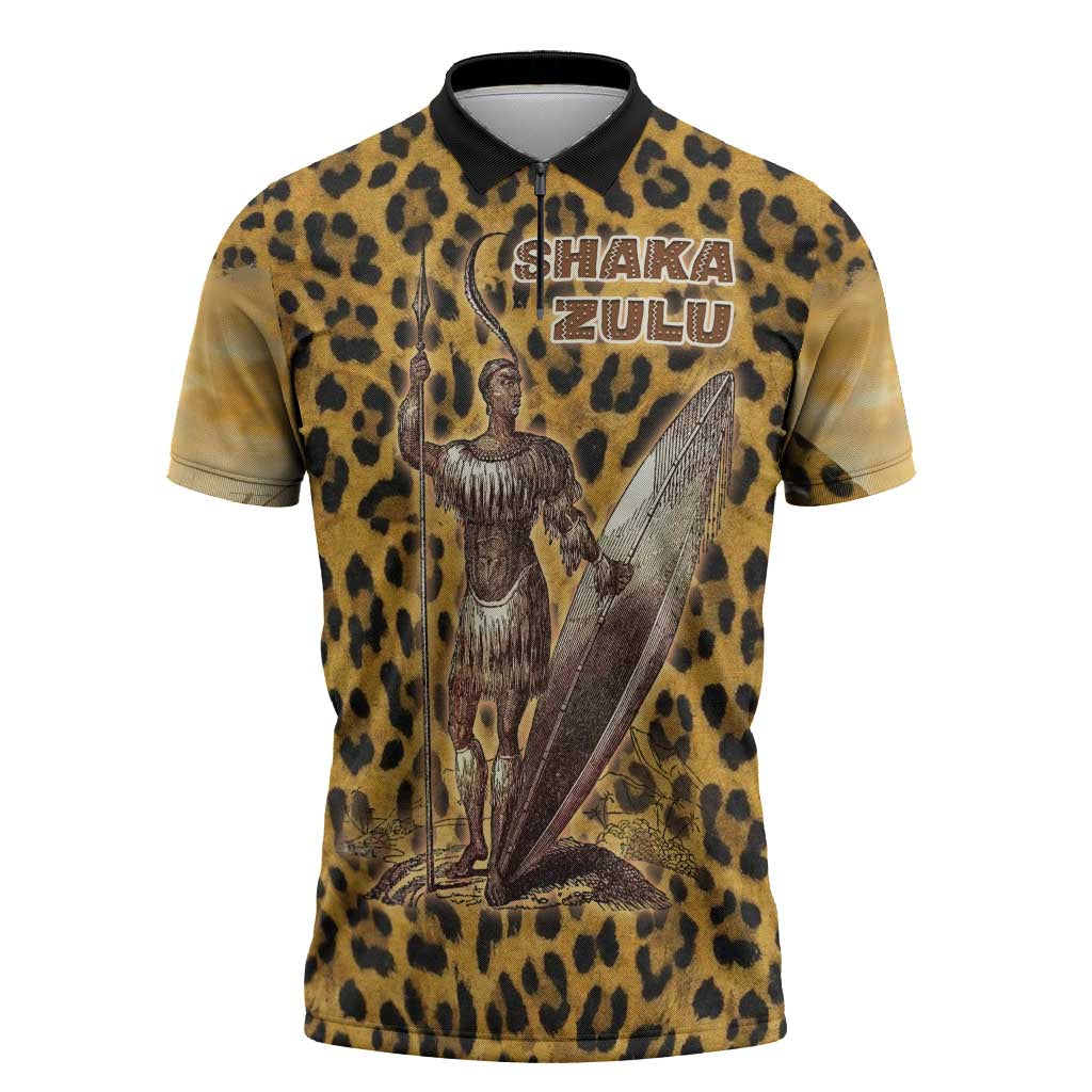 Shaka Zulu Zipper Polo Shirt Leopard Print Design Traditional Warrior Spear and Shield Illustration Tribal King - Wonder Print Shop
