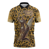 Shaka Zulu Zipper Polo Shirt Leopard Print Design Traditional Warrior Spear and Shield Illustration Tribal King - Wonder Print Shop