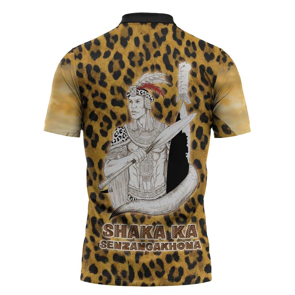 Shaka Zulu Zipper Polo Shirt Leopard Print Design Traditional Warrior Spear and Shield Illustration Tribal King - Wonder Print Shop