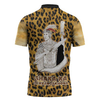 Shaka Zulu Zipper Polo Shirt Leopard Print Design Traditional Warrior Spear and Shield Illustration Tribal King - Wonder Print Shop