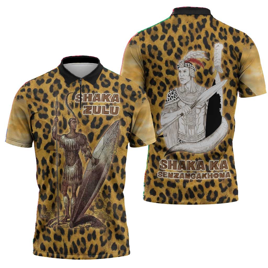 Shaka Zulu Zipper Polo Shirt Leopard Print Design Traditional Warrior Spear and Shield Illustration Tribal King - Wonder Print Shop