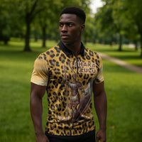 Shaka Zulu Zipper Polo Shirt Leopard Print Design Traditional Warrior Spear and Shield Illustration Tribal King - Wonder Print Shop