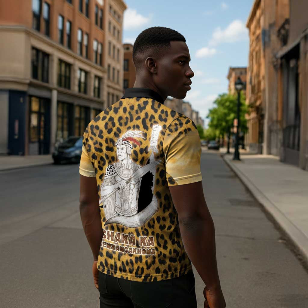 Shaka Zulu Zipper Polo Shirt Leopard Print Design Traditional Warrior Spear and Shield Illustration Tribal King - Wonder Print Shop