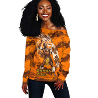 Shaka Zulu Off Shoulder Sweater Warrior Fiery Roaring Lion - Never Retreat Never Surrender African Strength and Courage - Wonder Print Shop