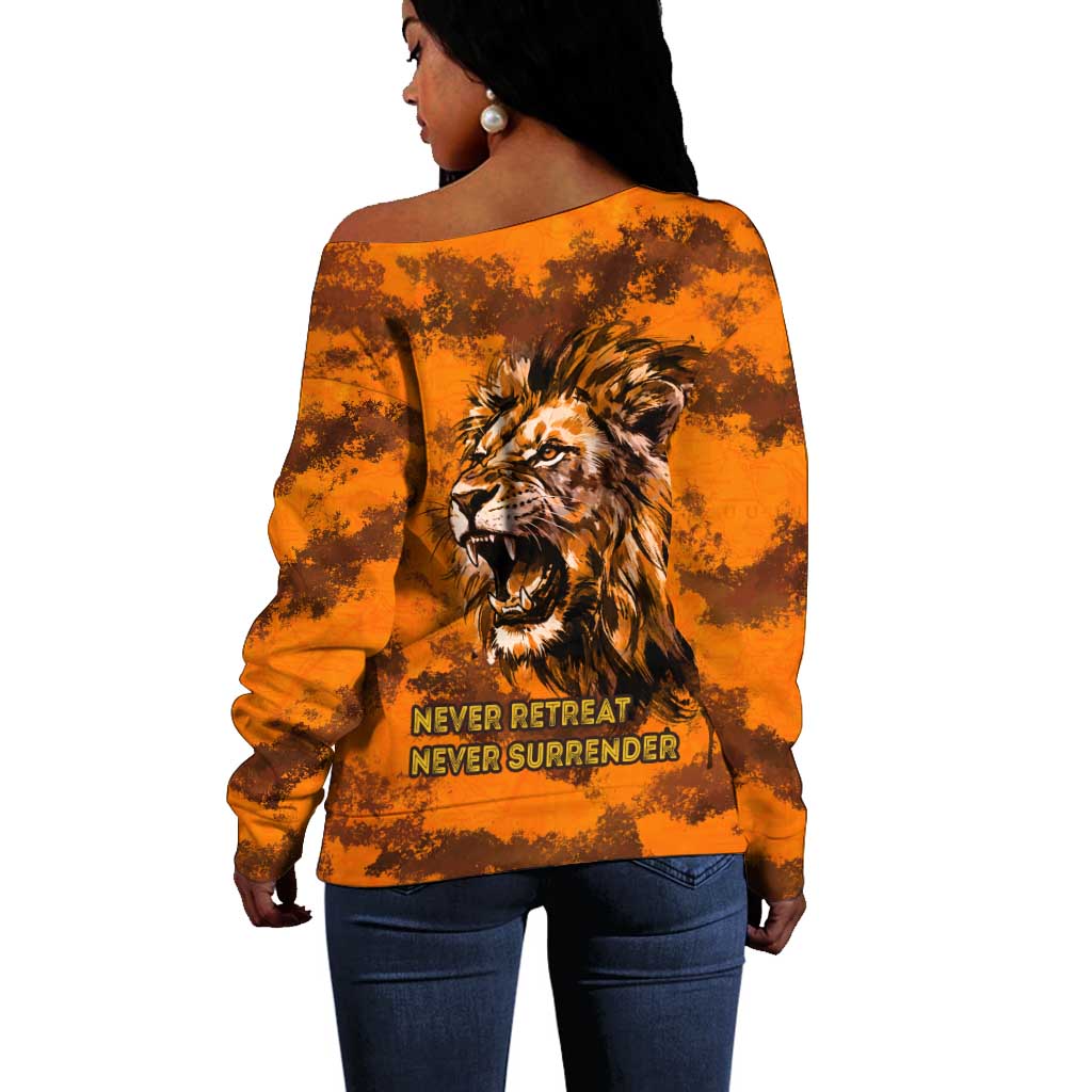 Shaka Zulu Off Shoulder Sweater Warrior Fiery Roaring Lion - Never Retreat Never Surrender African Strength and Courage - Wonder Print Shop